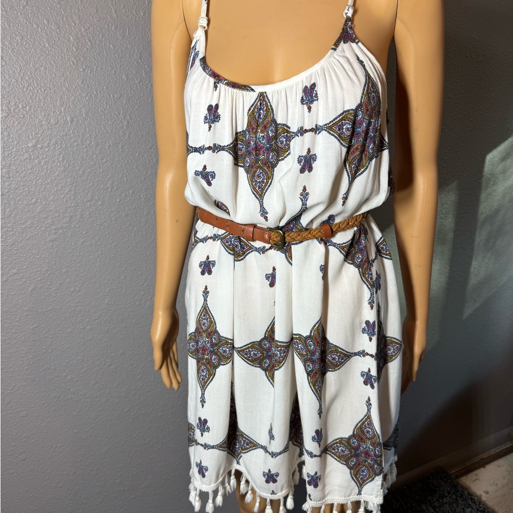 Me to We White Mini Dress with Purple and Brown Accents